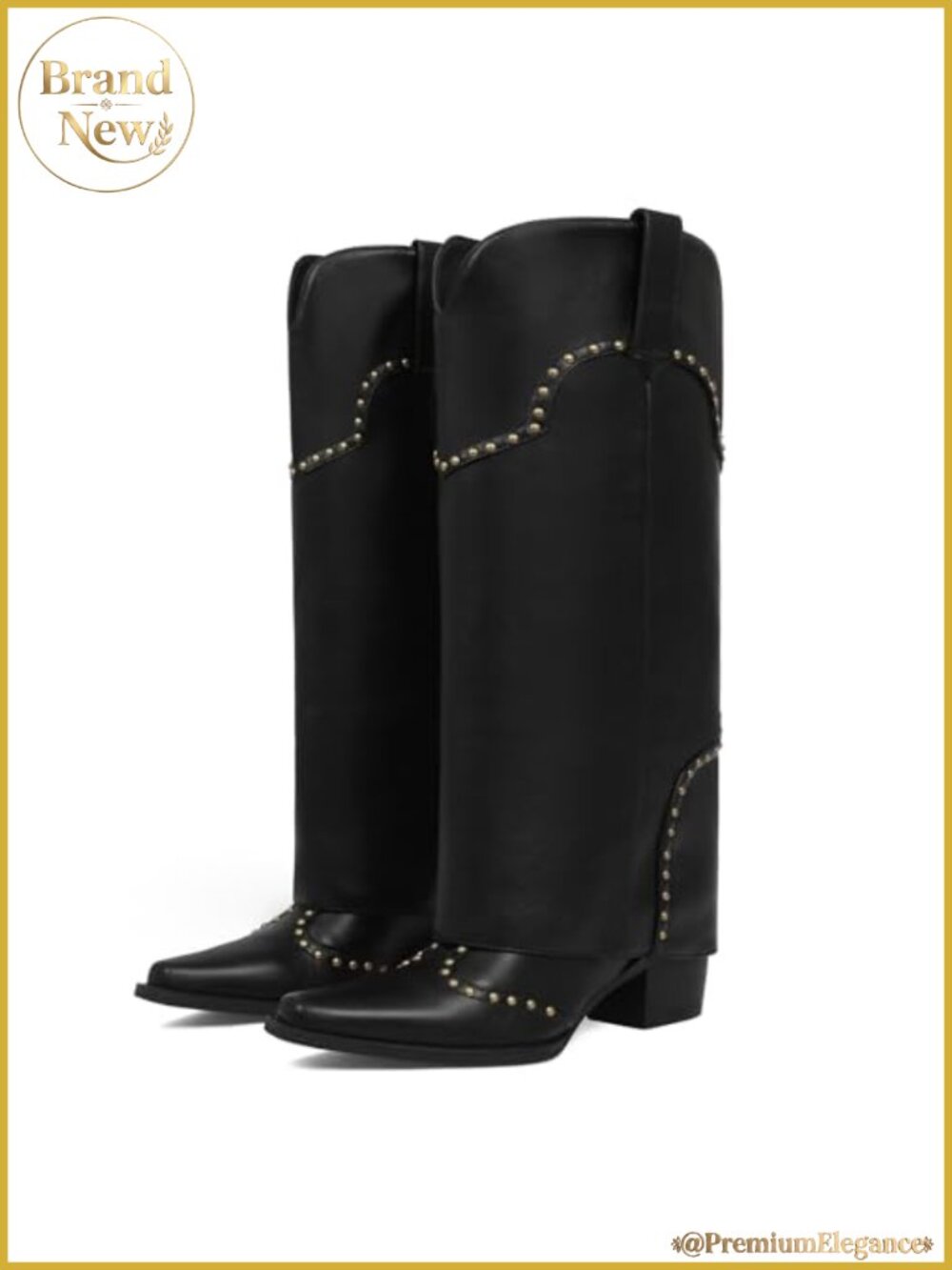 Fold Over Knee High Boots Chunky Heel Studded Snip Toe Women's